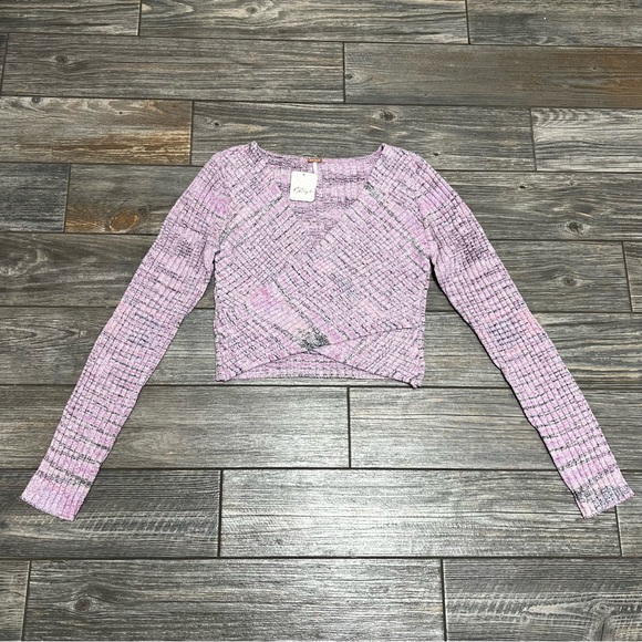 NWT $98 Free People Sweater Medium Brooke Wrap Crop Top Lilac Fog Combo Women's - Picture 5 of 16